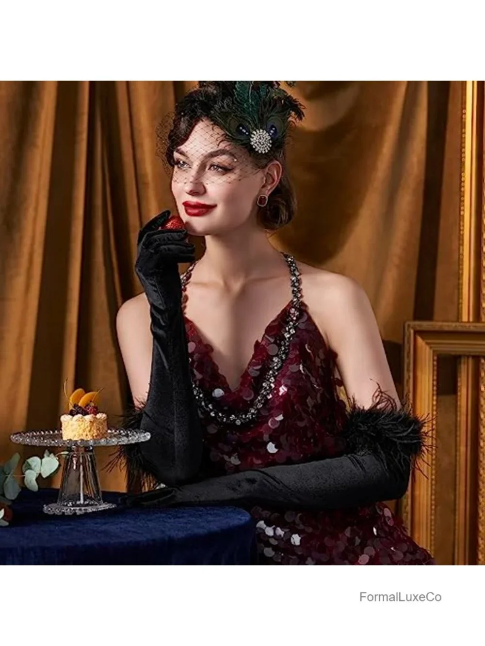 Long Satin Opera Gloves for Women with Ostrich Feather Trim Stretchy